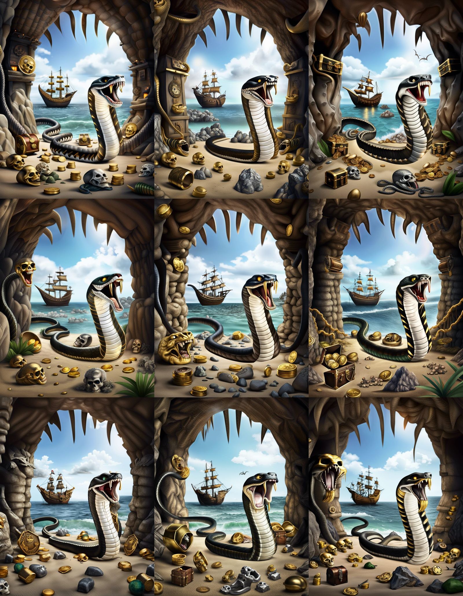 Photorealistic Cobra in Cave with Pirate Treasure