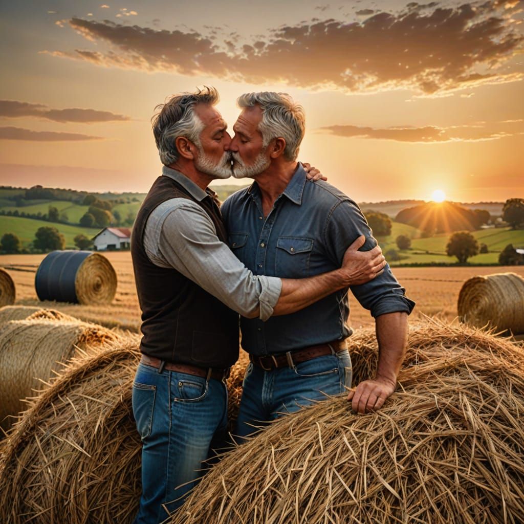 Gay Farmers Kissing on Haystack in Golden Light