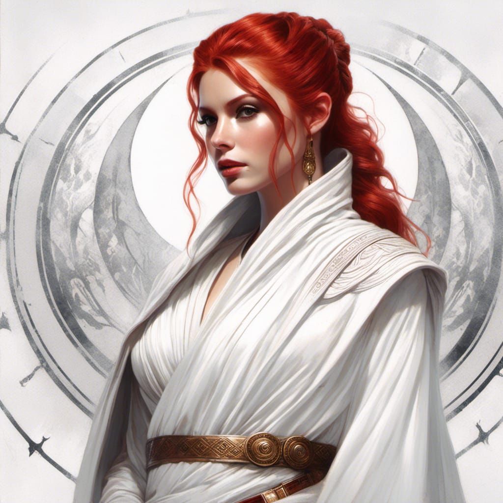 Hyperrealistic Jedi Lady Portrait with Red Hair