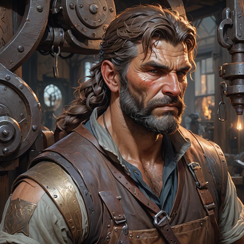 Gruff Blacksmith Portrait in Hyperdetailed Style