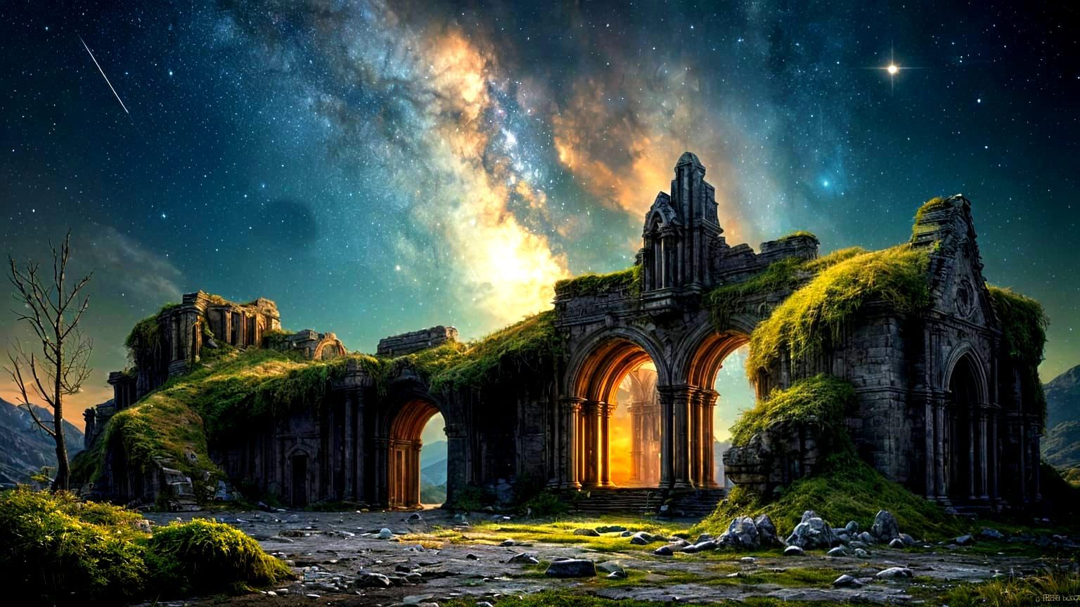 Ethereal Elven Ruins Under Starry Nebula Sky