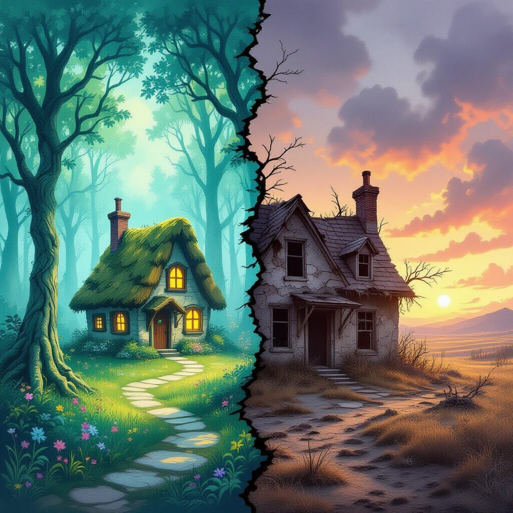 Enchanted Cottage vs. Derelict Ruin in Split Image