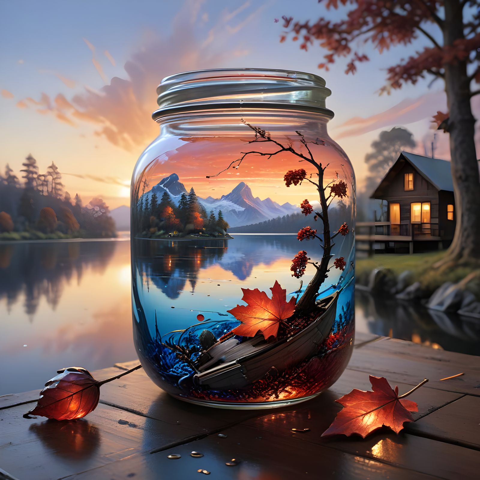 Autumnal Lake Scene Inside Acorn Jar