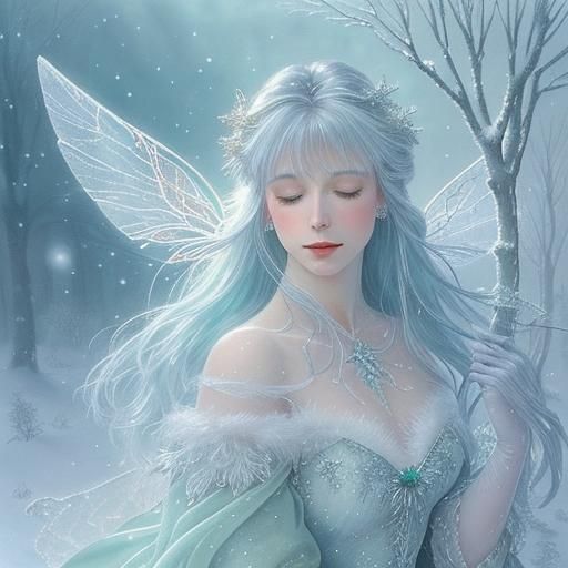 Snow Fairy Decorating Christmas Tree in Watercolor Style
