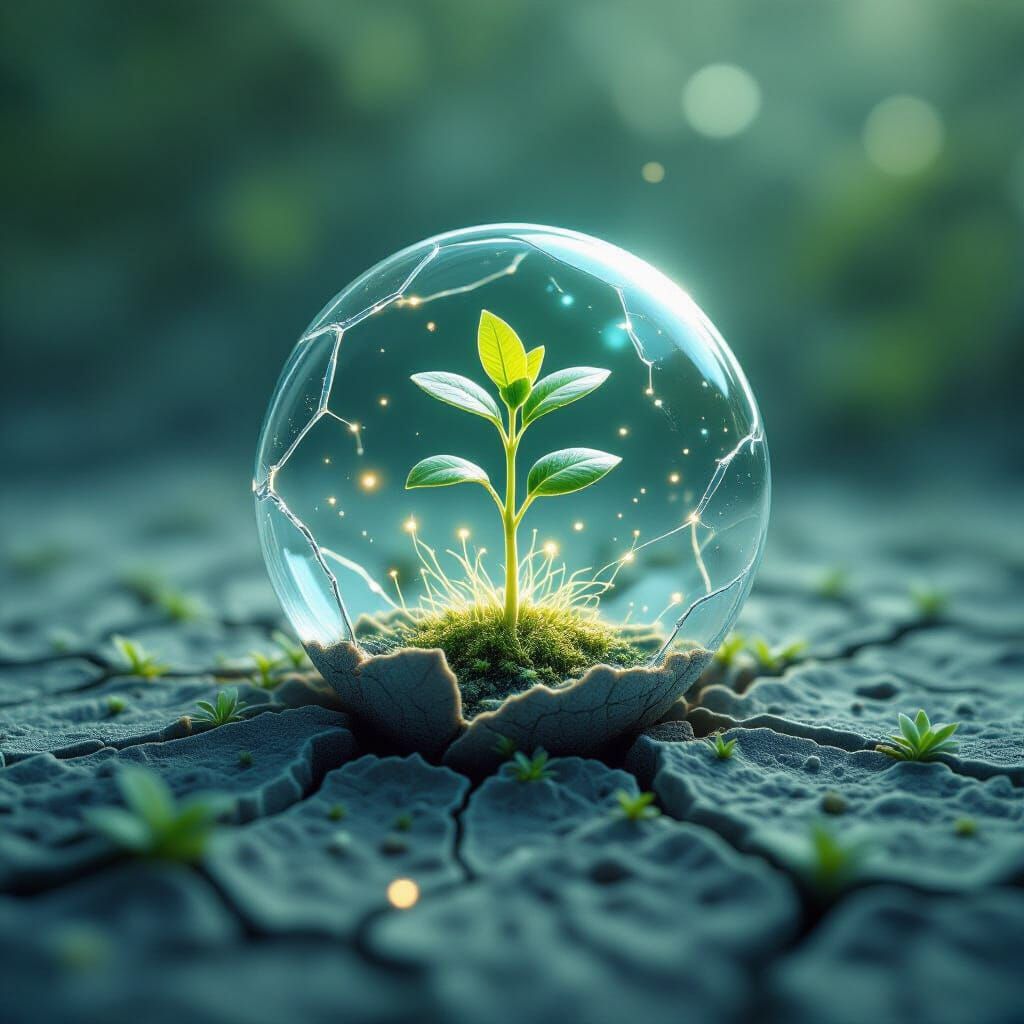 Green Plant Sprouts in Cracked Atom, Surreal Micro World