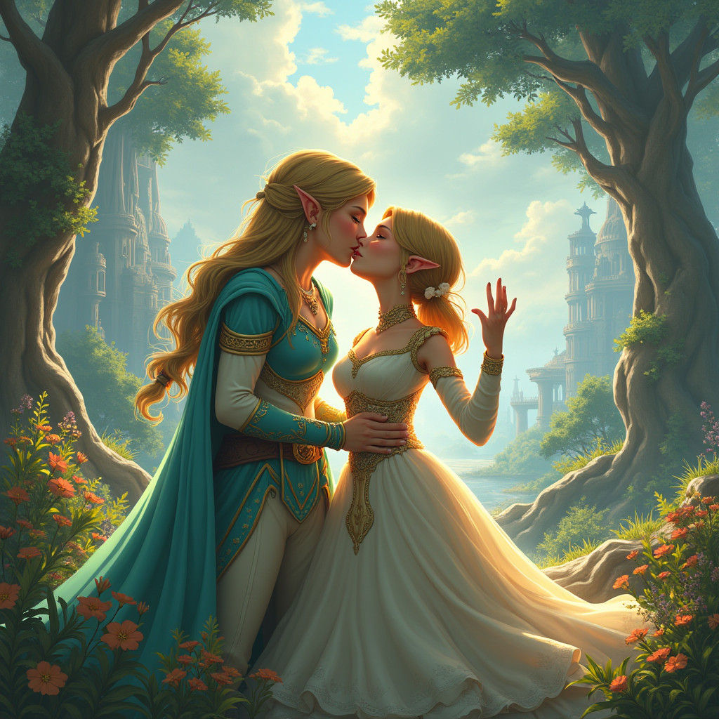 Zelda and Dawn Kiss in Fantasy Landscape Art