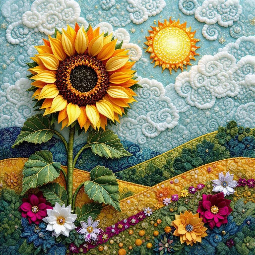 Dreamlike Sunflower Landscape in Textile Art Style