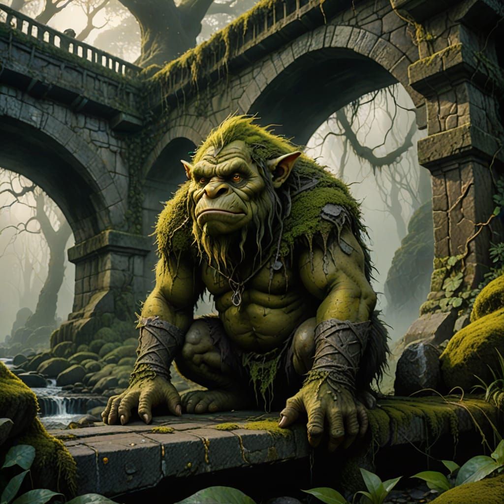 Moss Troll Guarding Bridge in Dark Fantasy Style