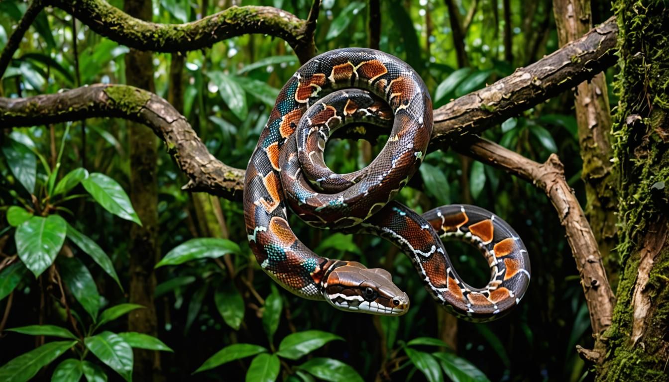 Rainbow Boa Constrictor in Rainforest Canopy