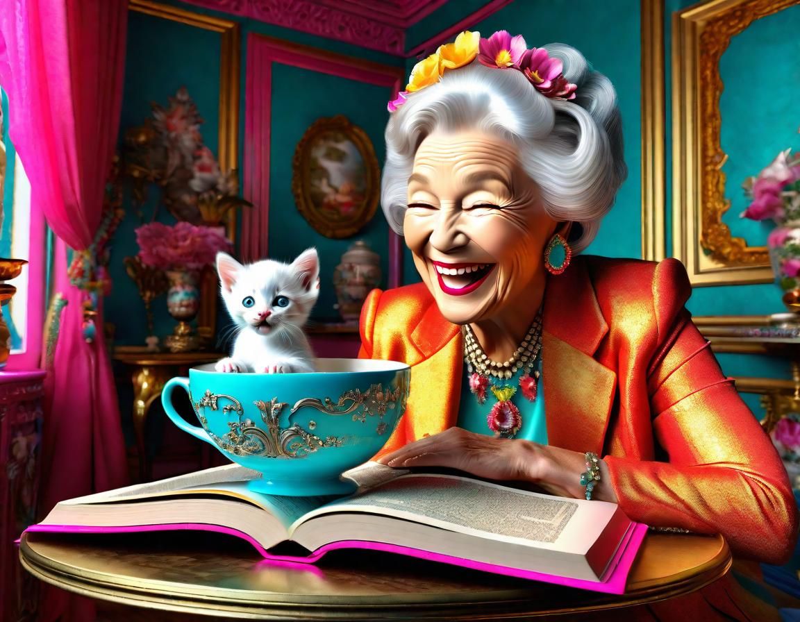 Laughing Old Lady with Kitten in a Teacup on a Book π¬