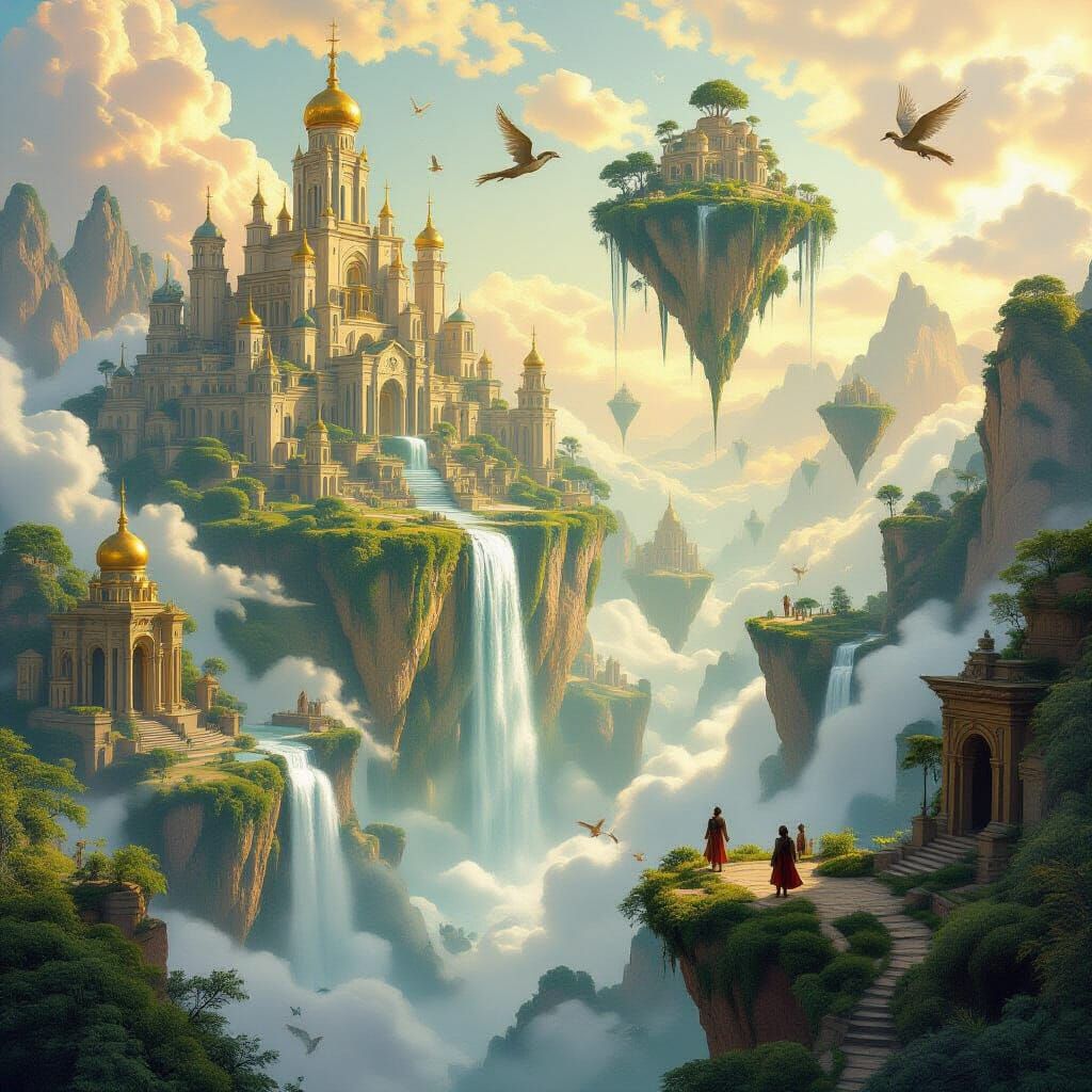 Fantasy World with Floating Islands in Art Nouveau Style