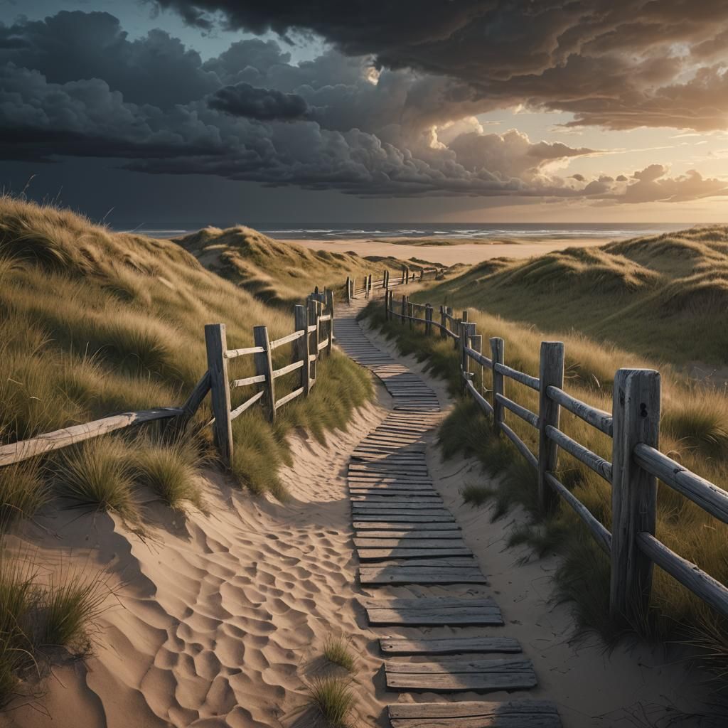 Dramatic Dune Path at Dusk in 3D Rendering