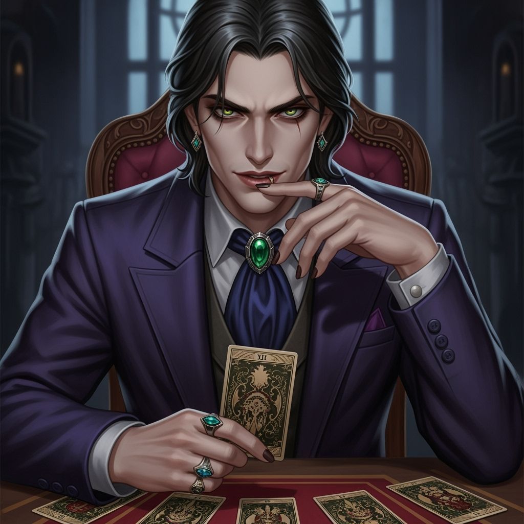 Sinister Man with Tarot Cards in Shadowy Room