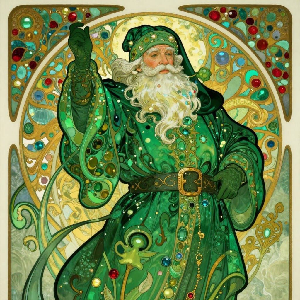 A Green Santa Clause done in green Art Nouveau.