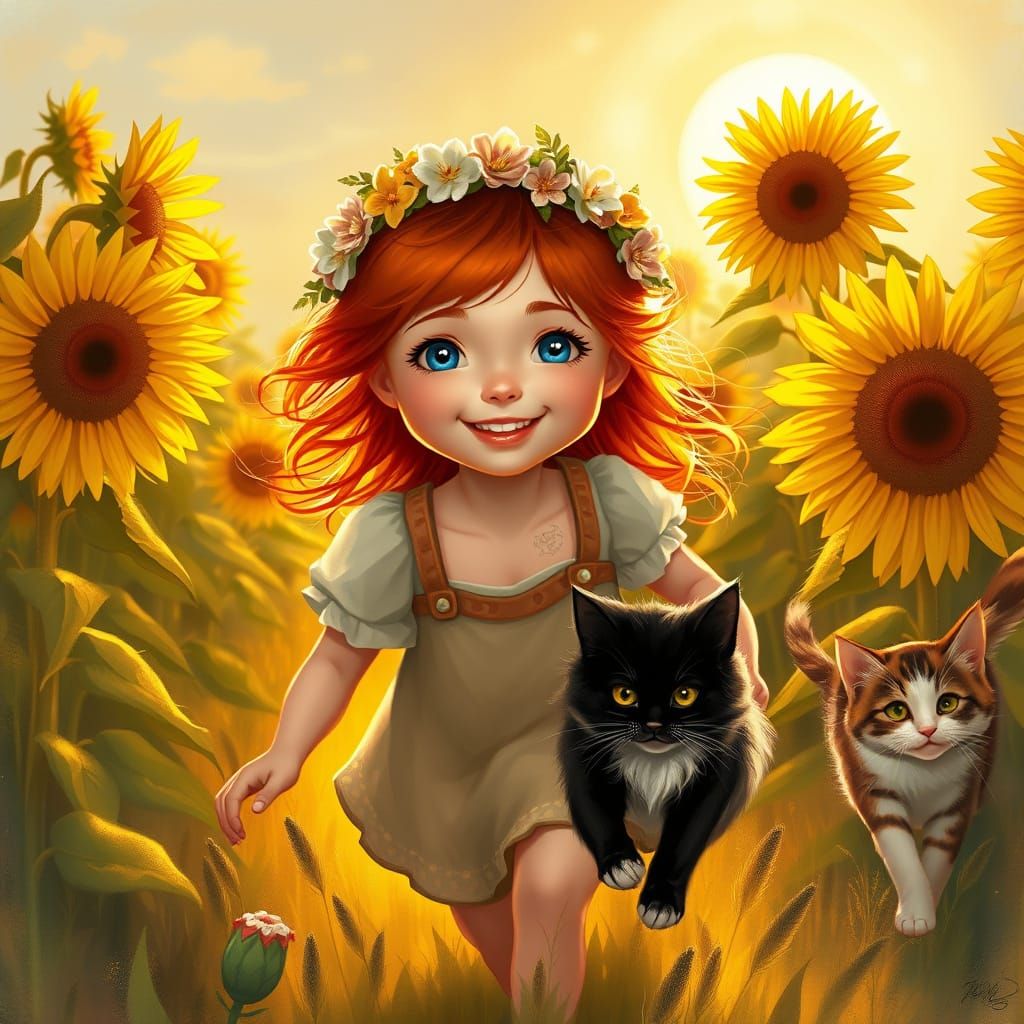 Ginger Girl Runs Joyfully Through Sunflowers in Dreamy Paint...