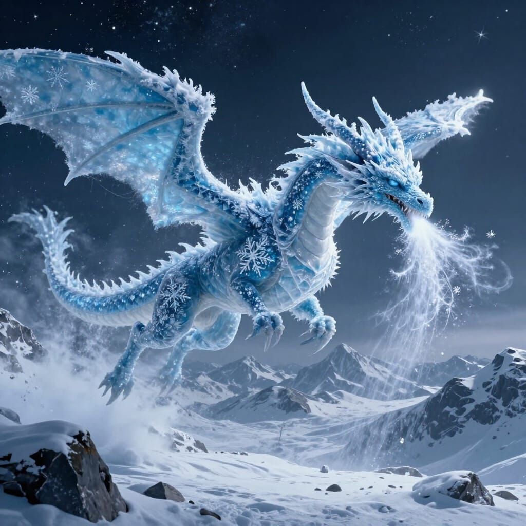 Majestic Ice Dragon Soars Through Starlit Sky