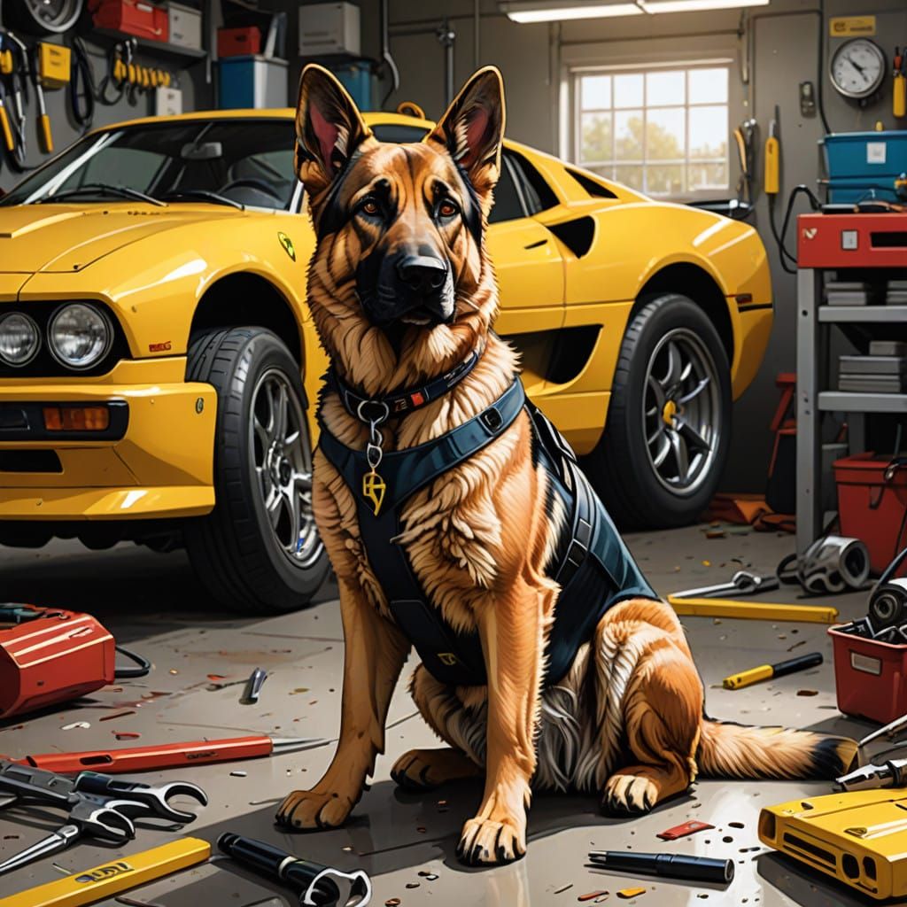 Majestic German Shepherd Repairs Ferrari in High-Contrast Ga...