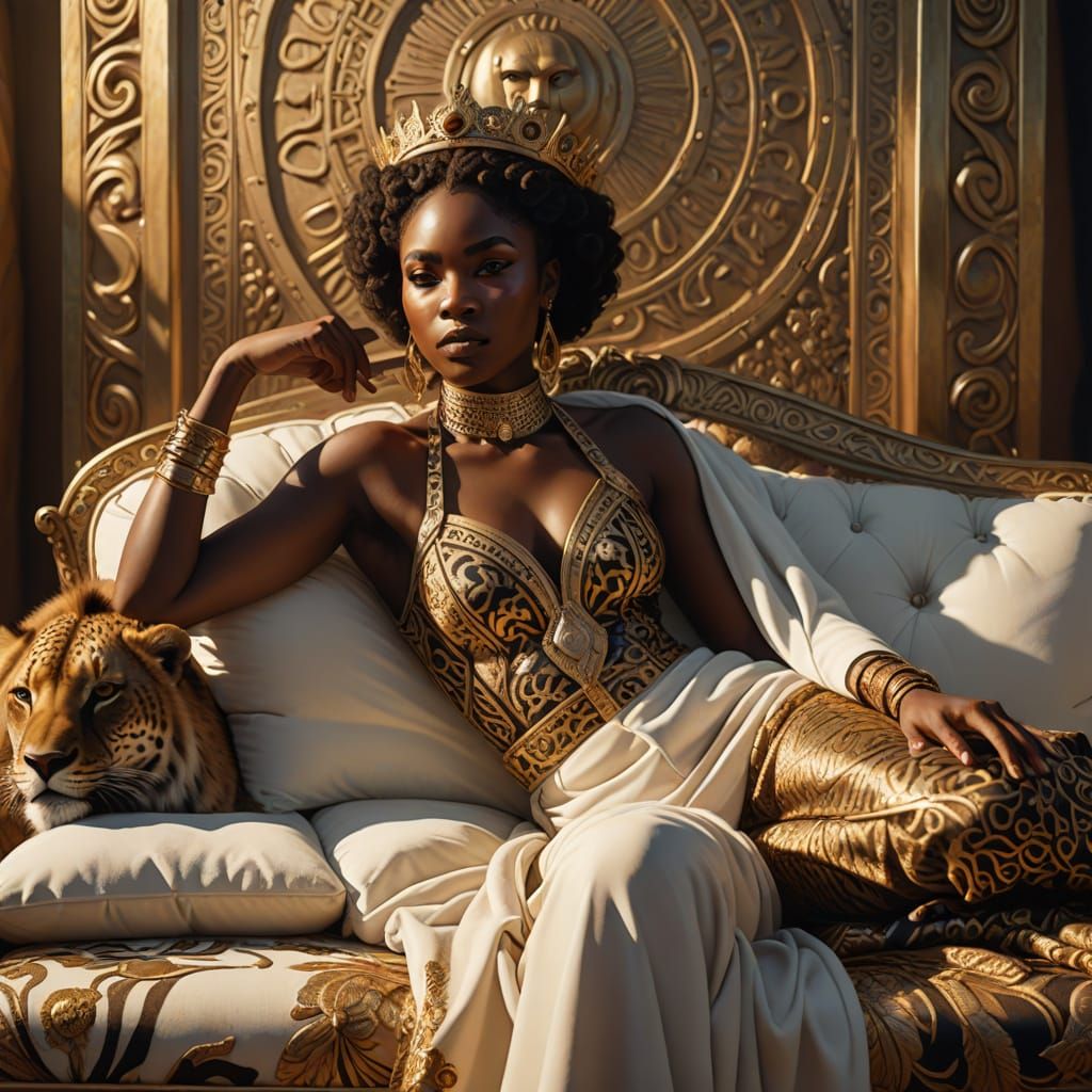 Majestic African Queen Rests in Opulent Golden Hour Light