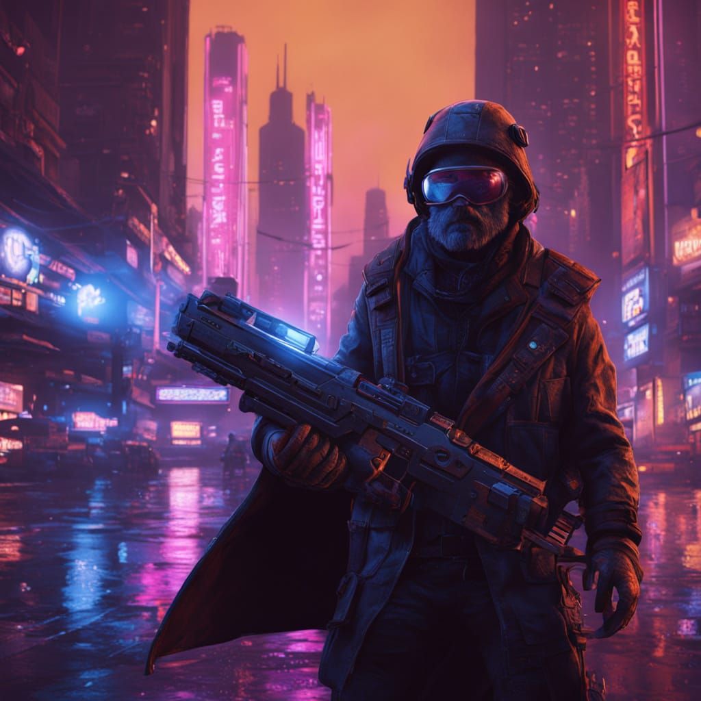 Sci-Fi Bounty Hunter in Neon Cityscape