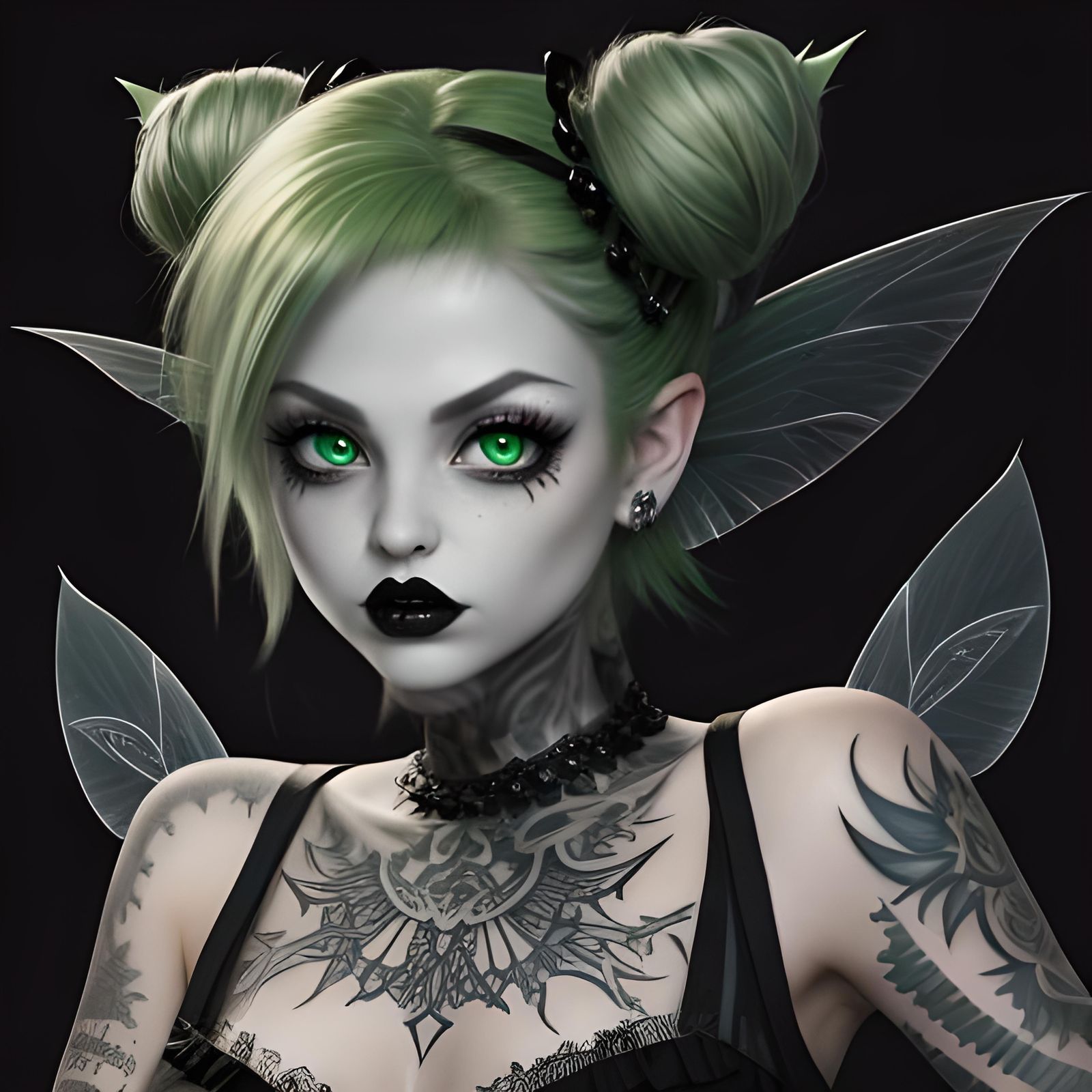 Goth Tinkerbell with Tattoos and Hazel Eyes