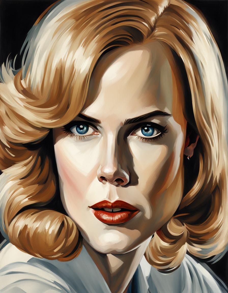 Art Deco Portrait of Nicole Kidman, Hyperrealistic Painting