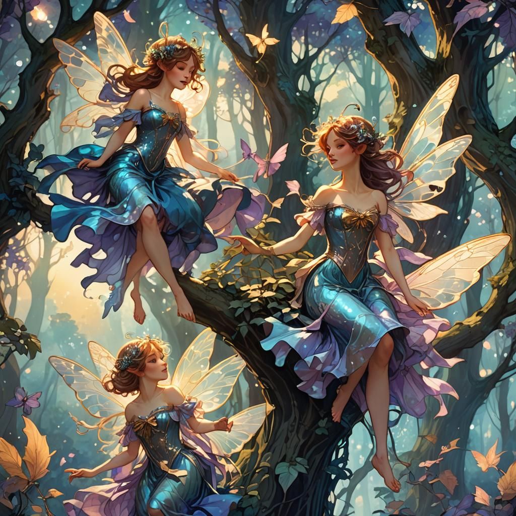 Fairies with Bows in Art Nouveau Forest