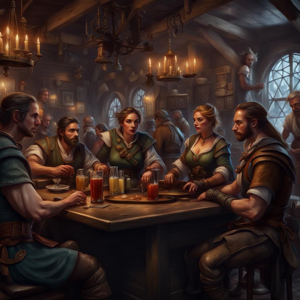 D&D Adventurers in Tavern, Hyper Realistic Fantasy Art