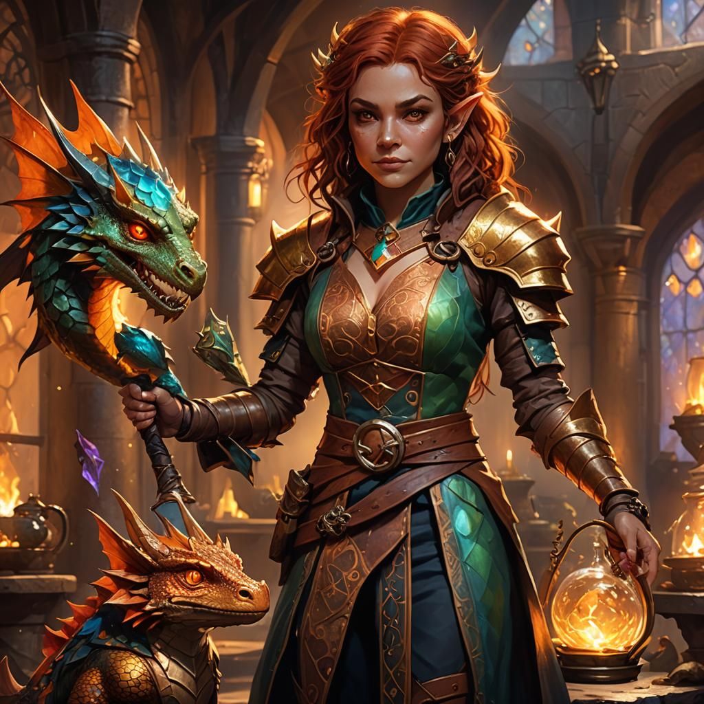 Halfling Alchemist and Firedrake Digital Art