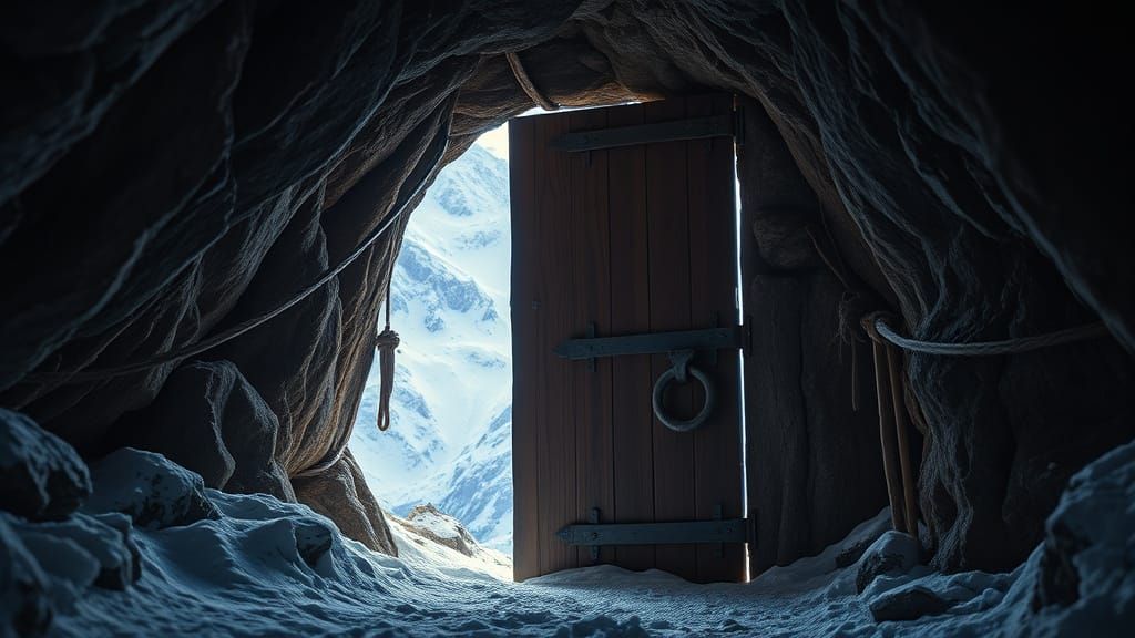 Mysterious Doorway Hidden in Snowy Mountain Cave