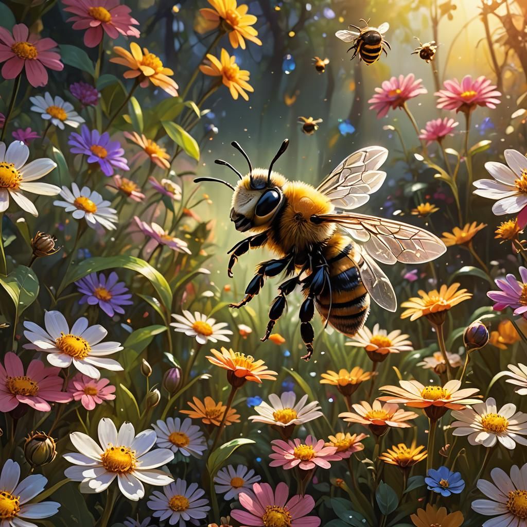 Cute Baby Bee in Floral Garden: Art Nouveau