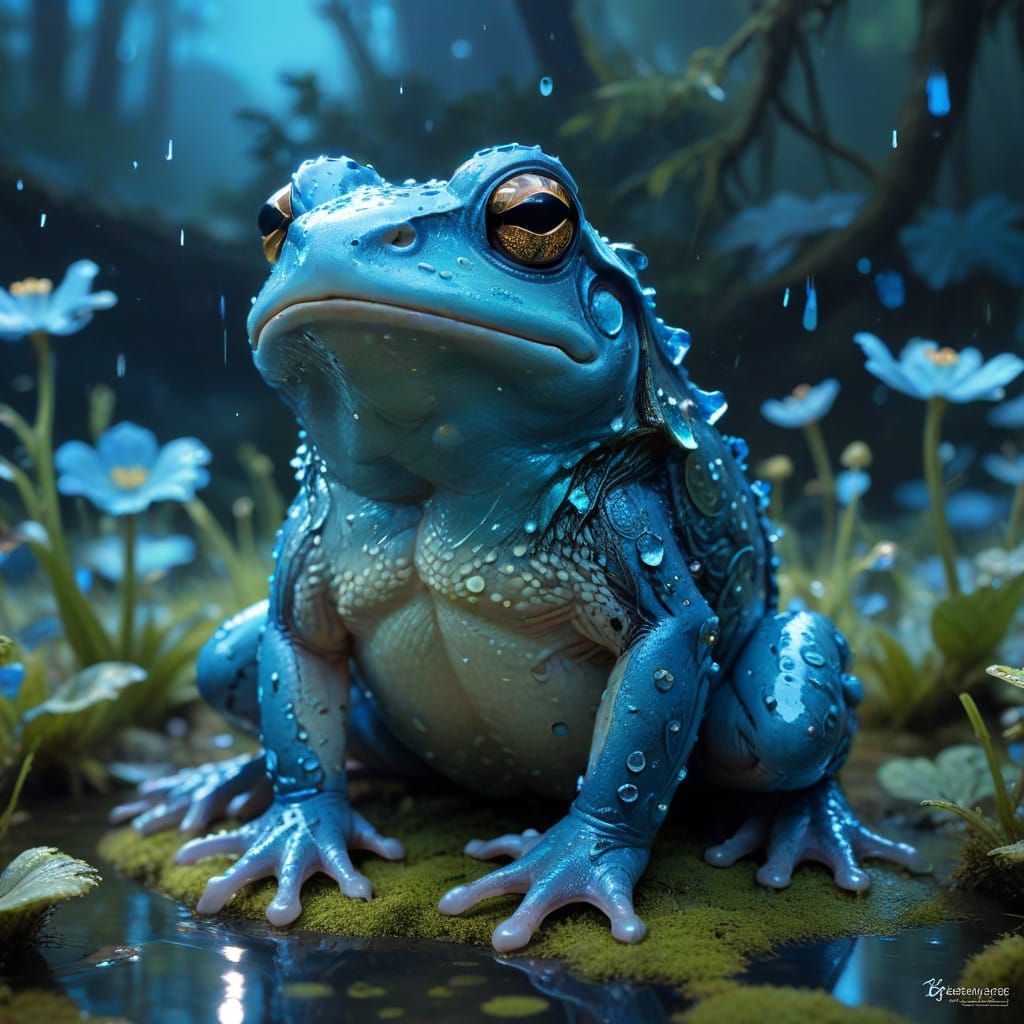 Cute Frog Prince Reigns on Enchanted Bioluminescent Field