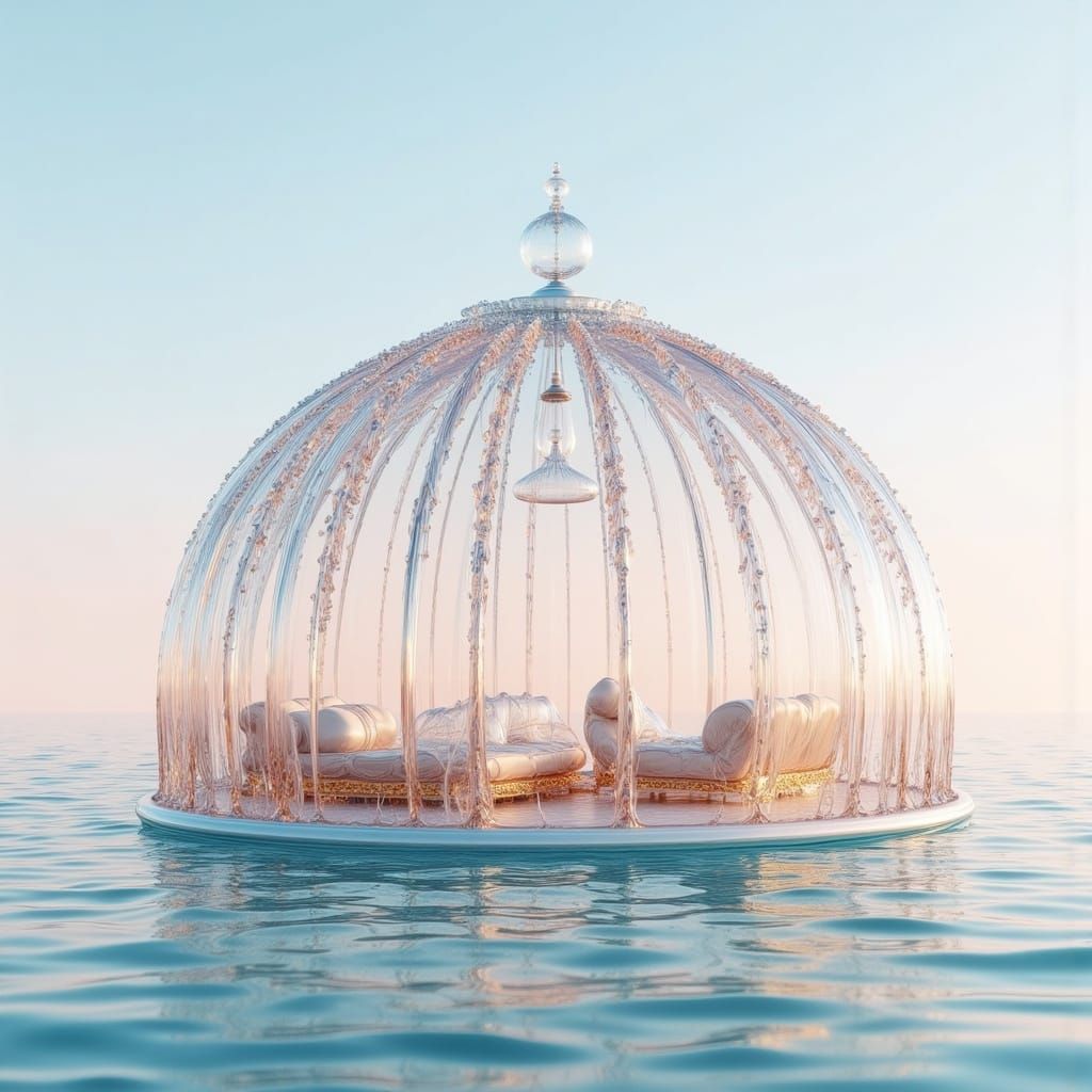 Lace-Like Glass Dome House Shimmers Above Water
