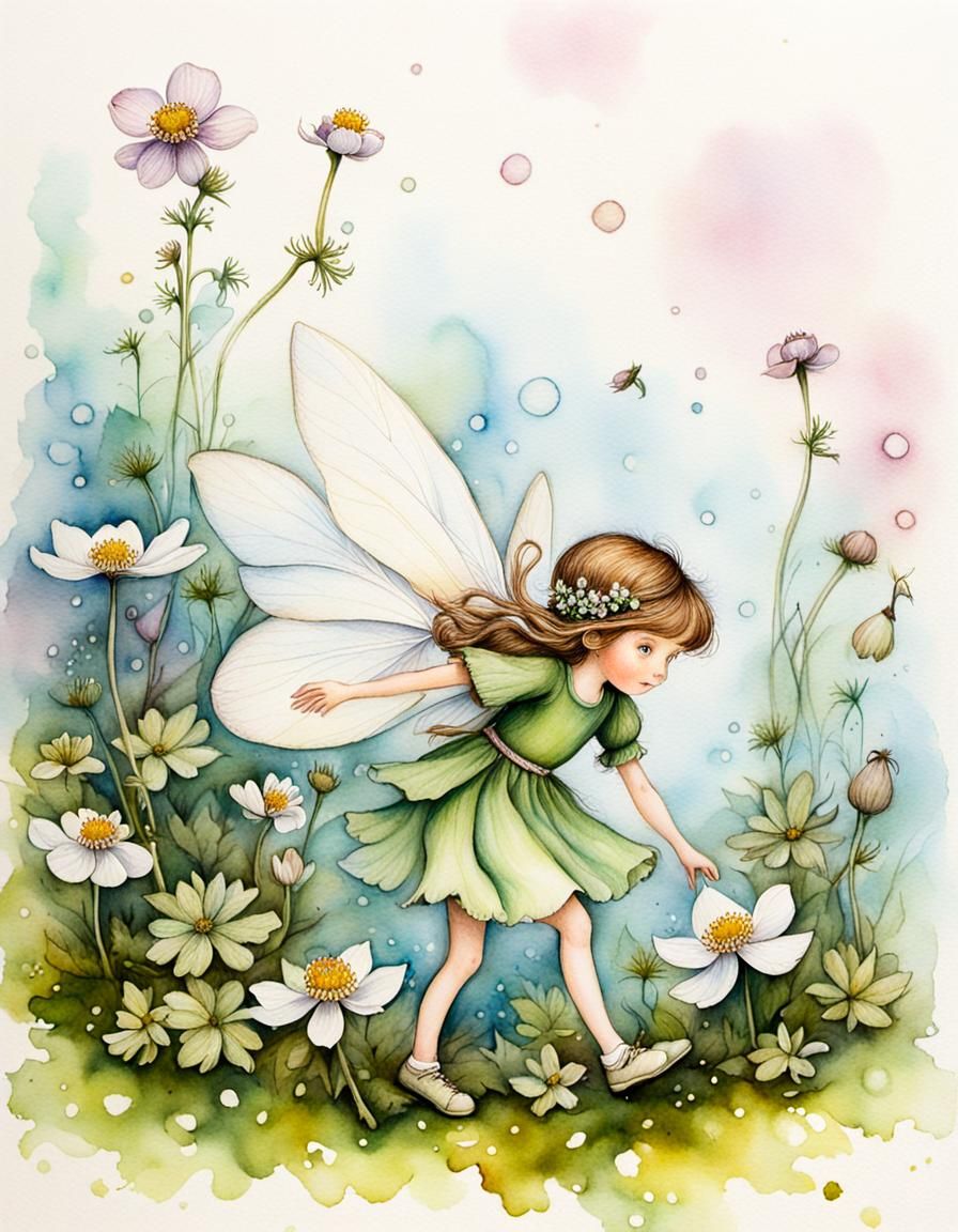 Cute Fairy Among Wood Anemones in Vintage Style