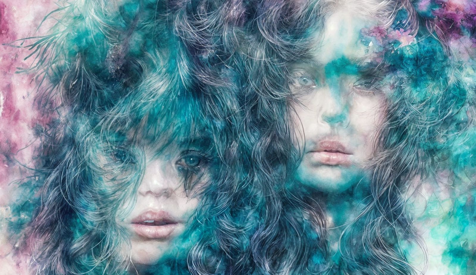 Ethereal Woman with Bioluminescent Hair in Watercolor Style