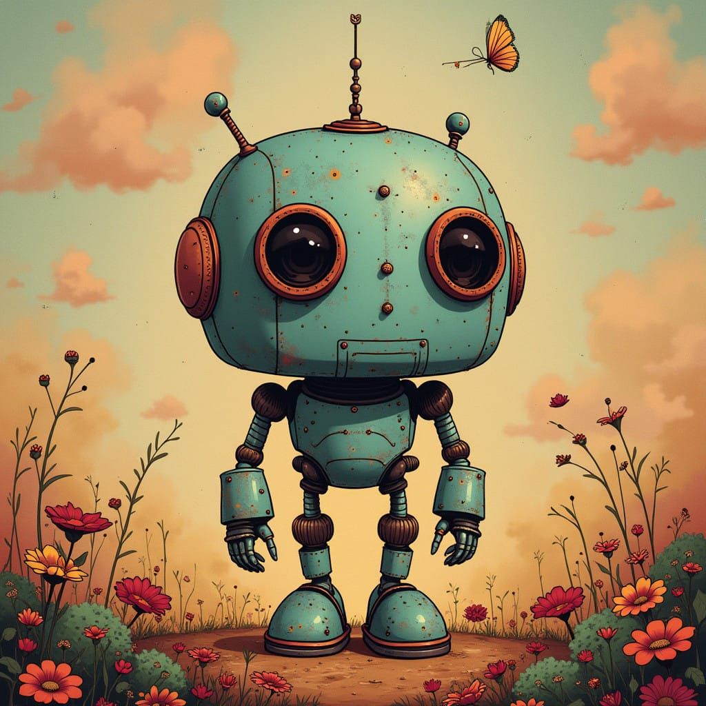 Whimsical Robot Character in Triadic Color Scheme