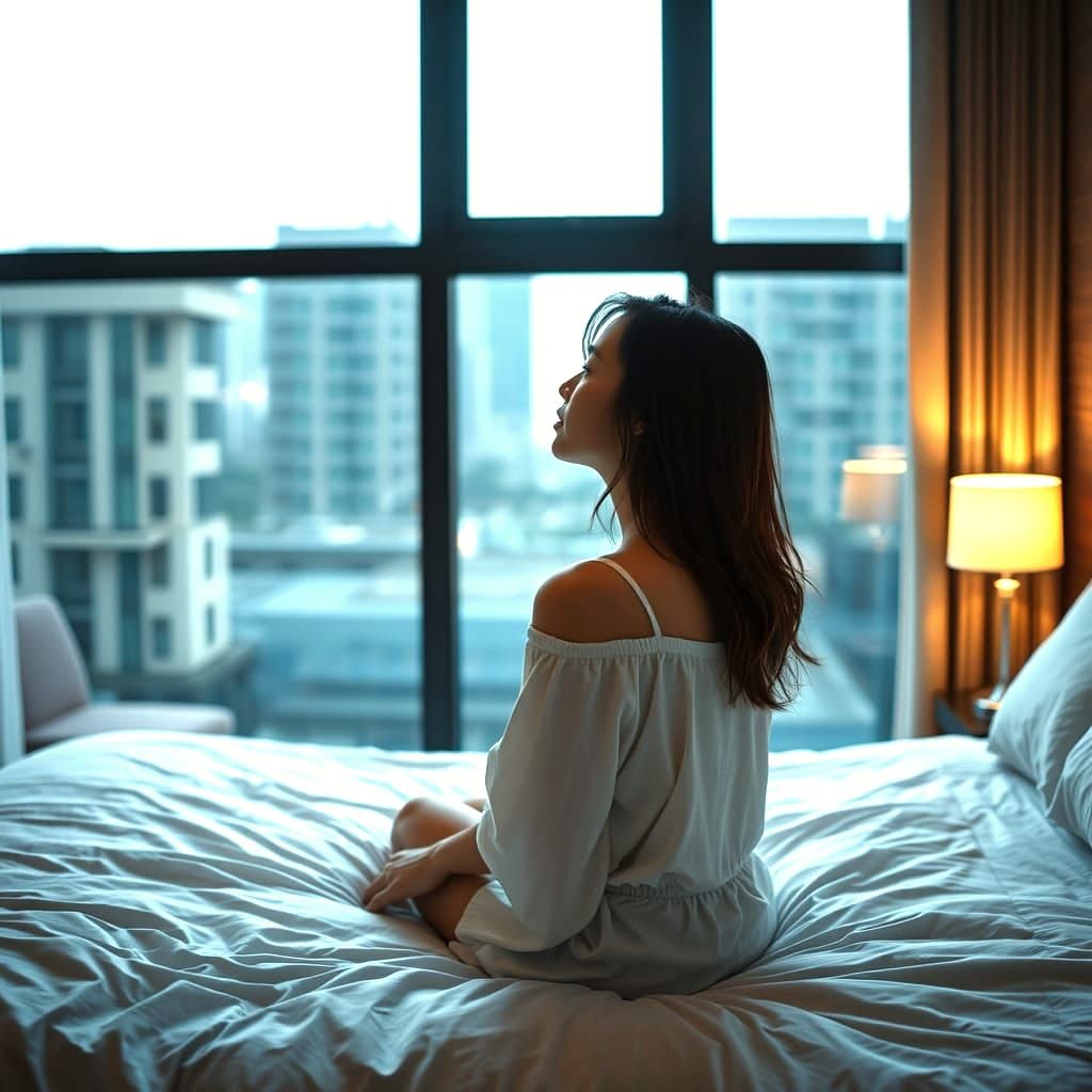 Woman in Luxury Hotel Room with Natural Lighting