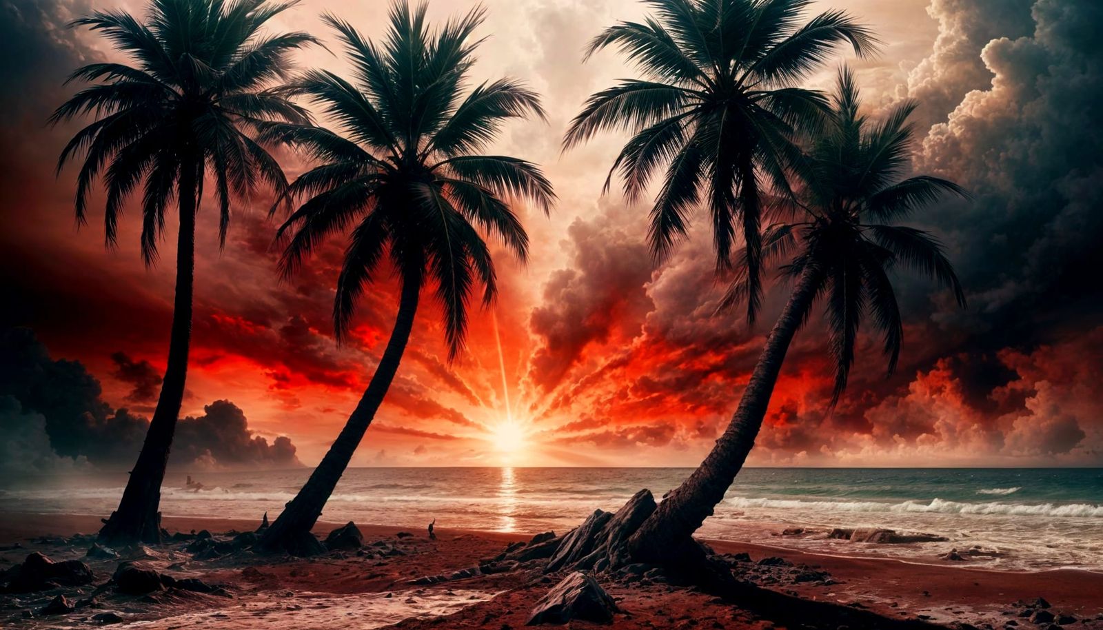 Apocalyptic Sunset Beach in Sfumato Style