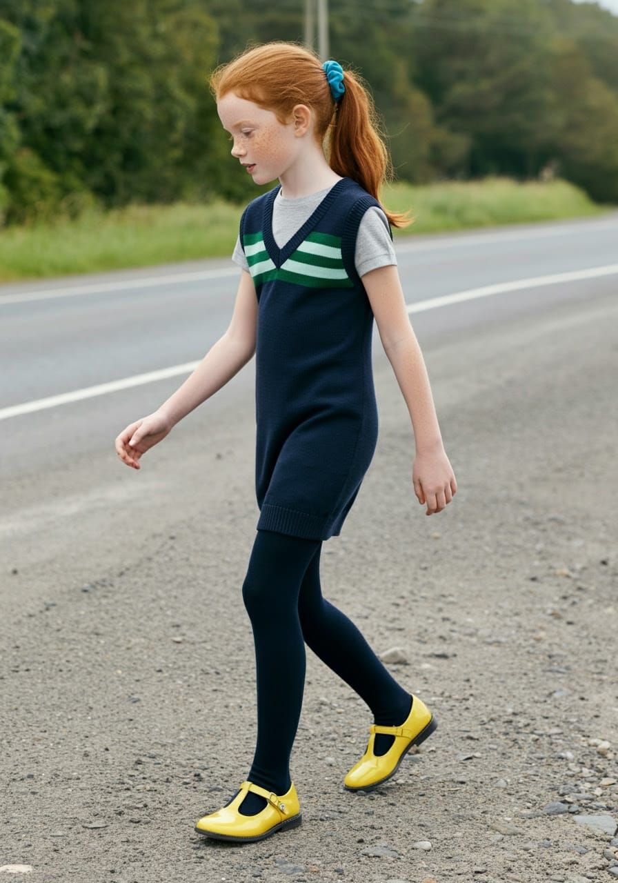 Rural Girl in Striped Dress and Mary Janes