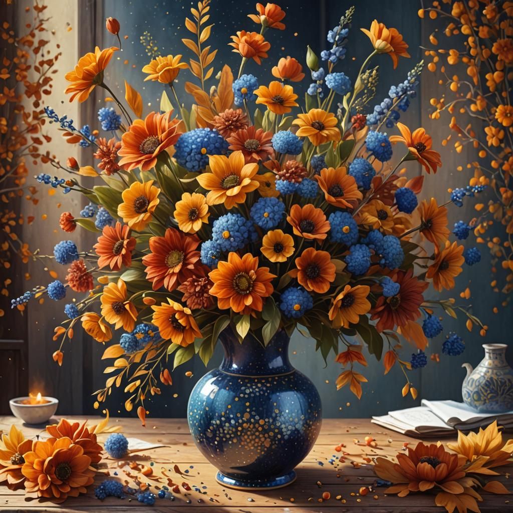 Pointillism style painting of an amazing autumn flowers bouq...