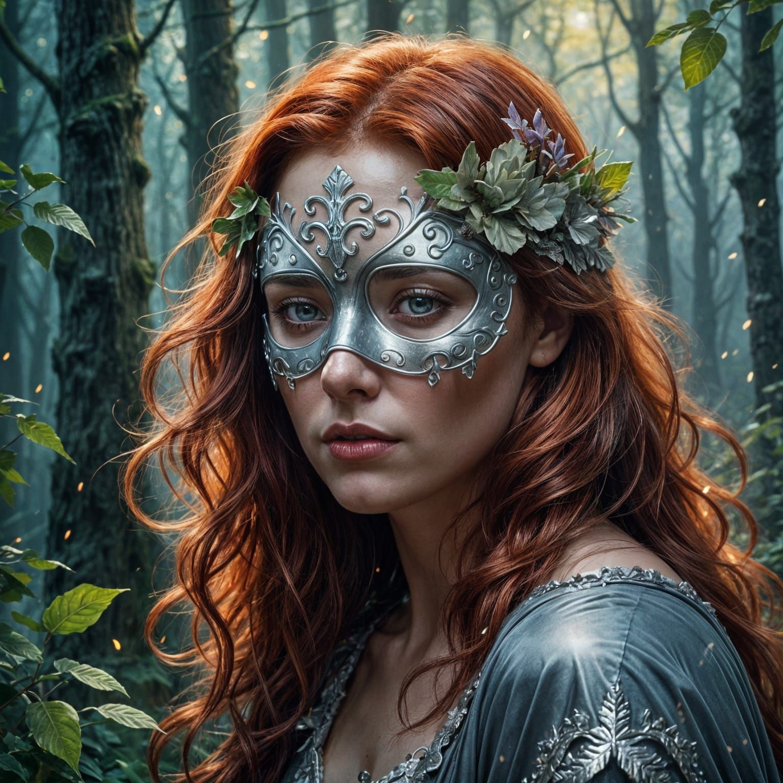 Serene Woman with Silver Mask in Mystical Forest