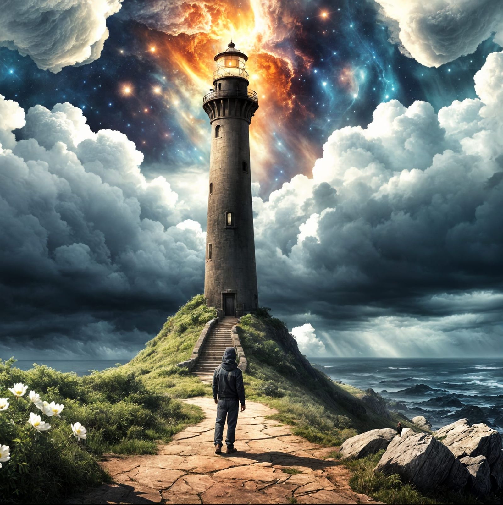 Surreal Lighthouse Beacon Illuminates Stormy Galaxy