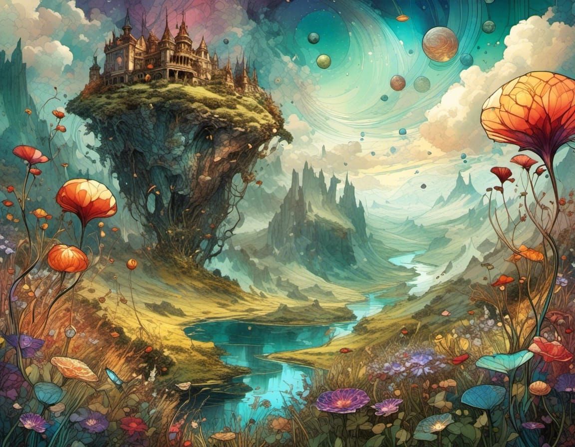 Surreal Flower Meadow Digital Watercolor Illustration