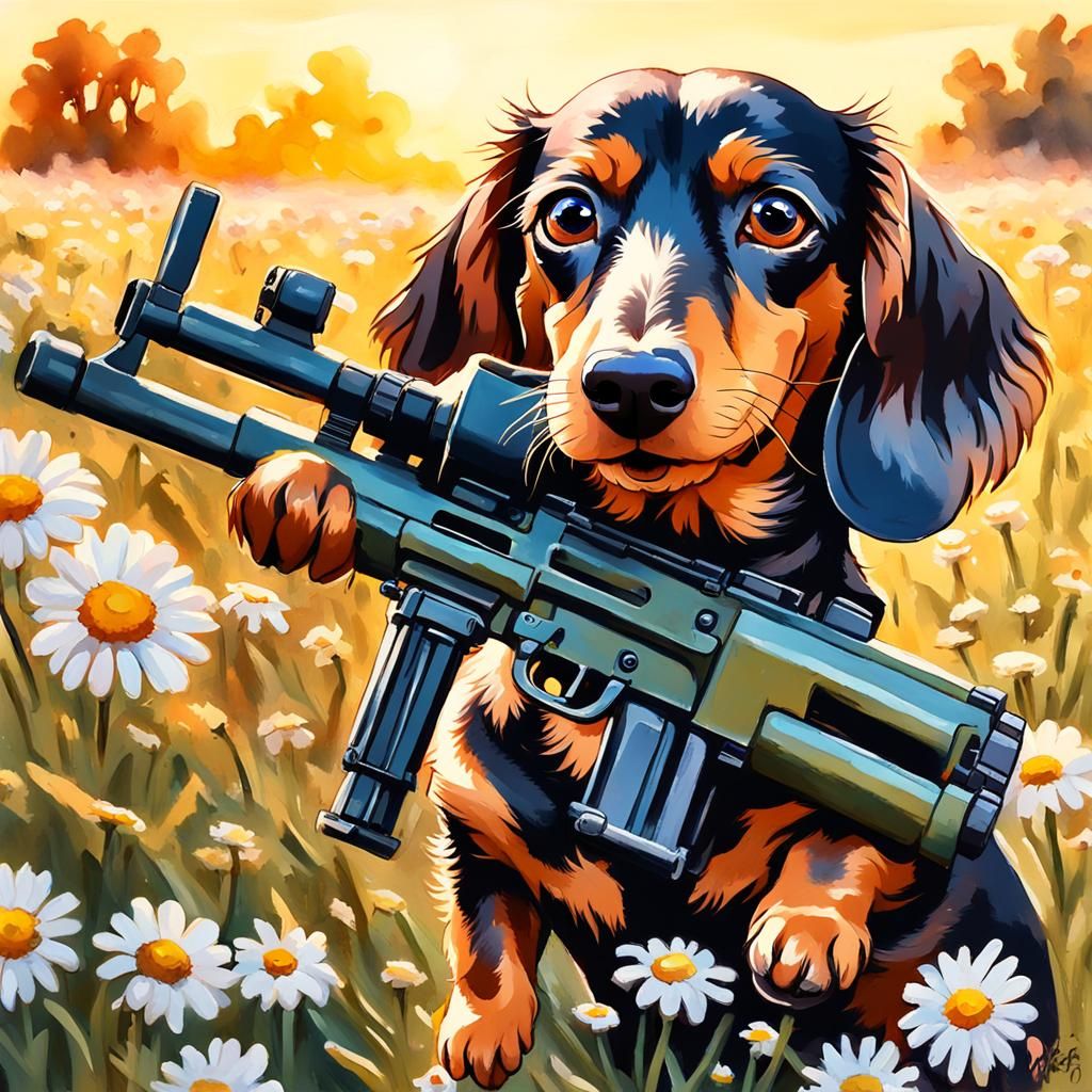 Anthropomorphic Dachshund Machine Gun in Gouache Style