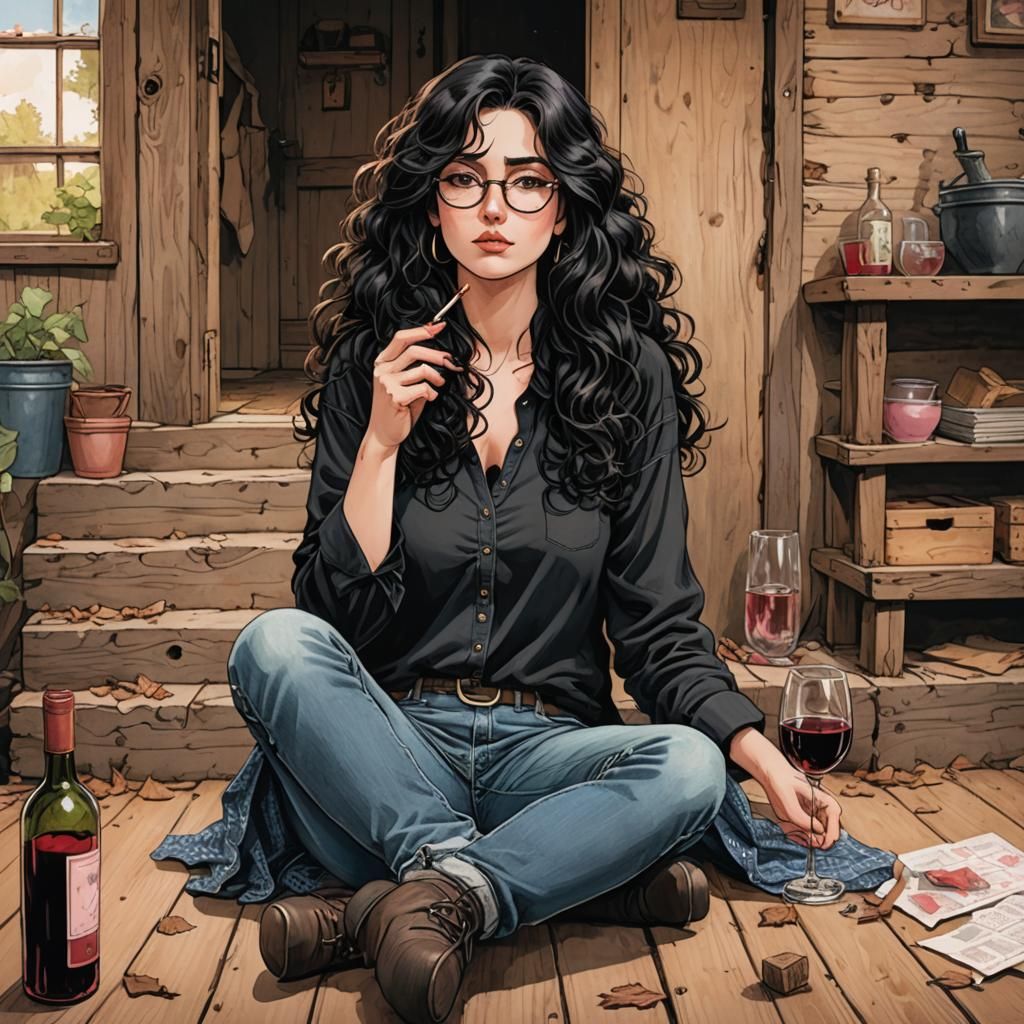 Sad Brunette Woman Smoking in Anime Comic Style