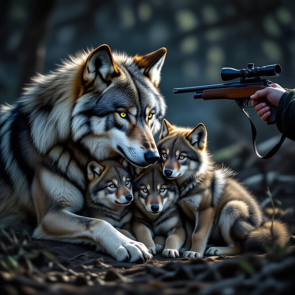 Wolf Family's Fear of Gun in Dramatic Lighting