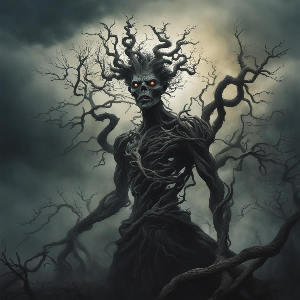 Dark, Twisted Figure in a Grotesque Landscape