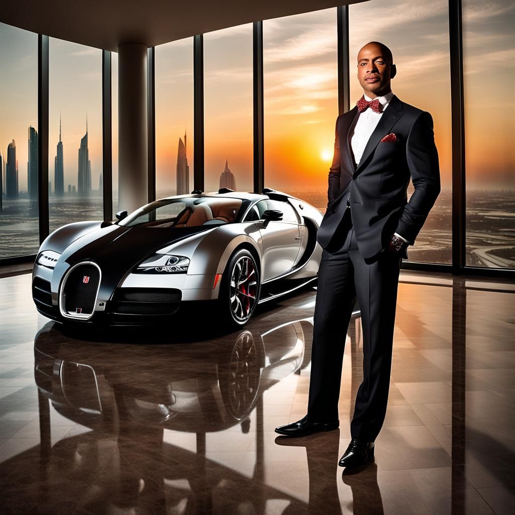 Man in Suit with Bugatti Veyron in Dubai Penthouse