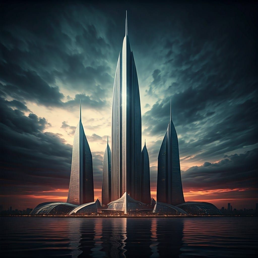 Futuristic Skyscraper Pierces Ominous Sky, in Hyper-Realisti...