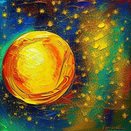 Mystical Golden Orb with Glitter: Expressionist Impasto Styl...