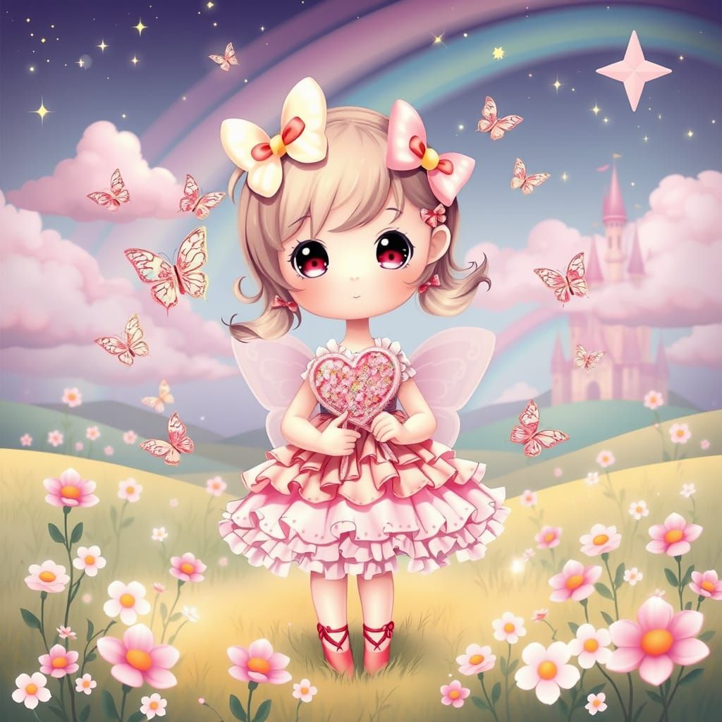 Magical Girl in Dreamy Pastel Meadow: Kawaii Style